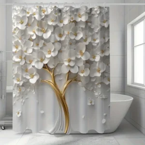 Artistic Floral Bath Draperies with 12 Hooks - Woven Polyester Waterproof Bath Drape, Machine Washable, White Flowers and Landscapes Theme for Bathroom Decor by suige home