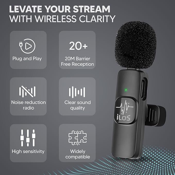 ILOS Wireless Lavalier Microphone for iPhone & Android Clip-On Mic, Noise Reduction, 65ft Range, 8H Battery, Bluetooth, Plug & Play - Ideal for Vlogging, YouTube, Podcasts, Interviews - Image 2