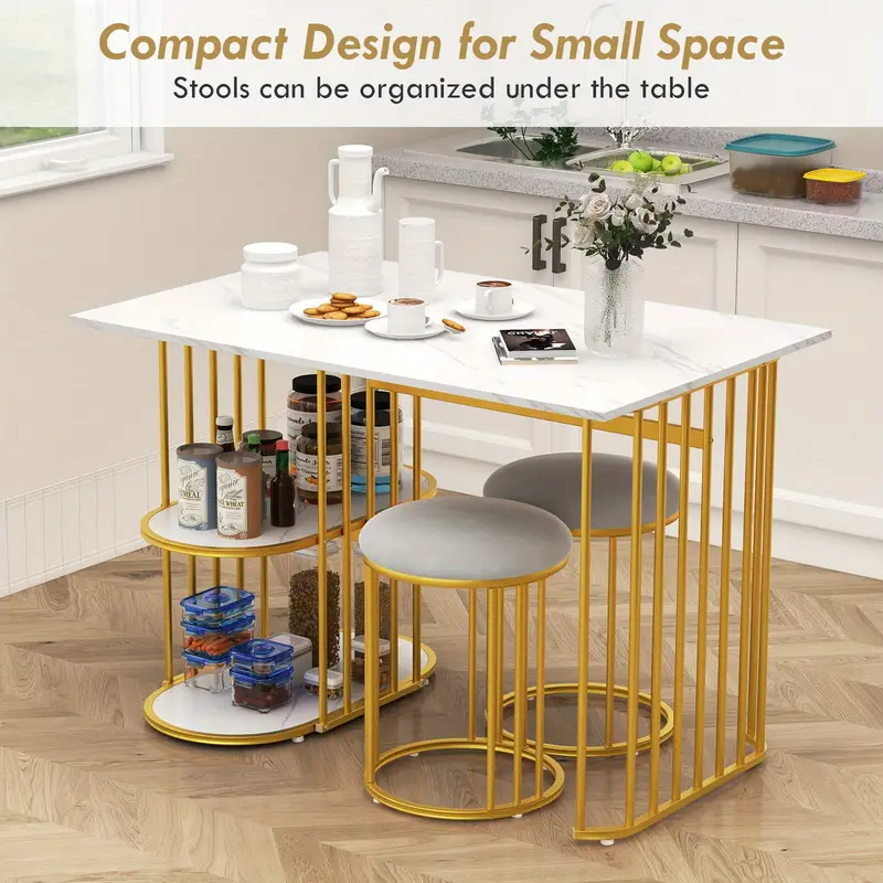 MULTIGOT 3 Piece Dining Table Set with 2 Stools, Rectangular Dining Table for 2 with 2-tier Storage Shelf - Image 4