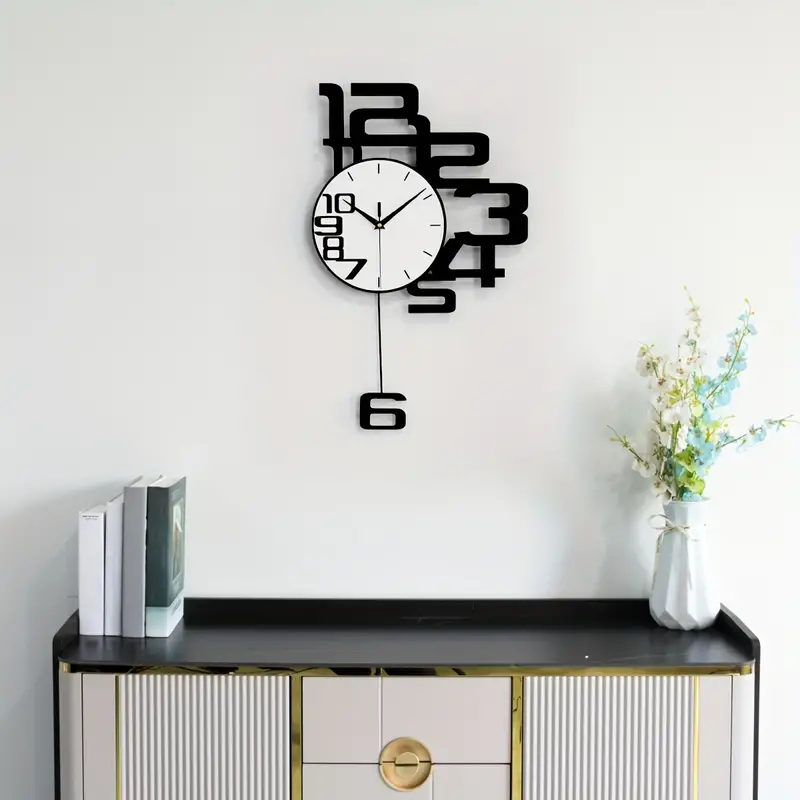 1pc Modern Minimalist Personality Metal Wood Creative Wall Clock, Large Battery Operated Clock For Living Room - Image 4