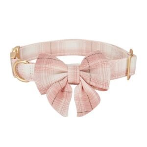 Soft Cloth Wrapped Dog Collar Plaid UK Style Collars with Removeable Bowtie for Small Dogs with Sensitive Skin,Pink