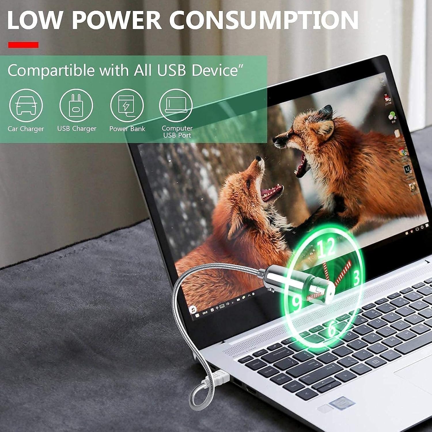 huiheng USB LED Fan, Mini LED Clock Fan with Flexible Gooseneck, Personal Silent Laptop Fan USB Powered for Home Office - Image 6